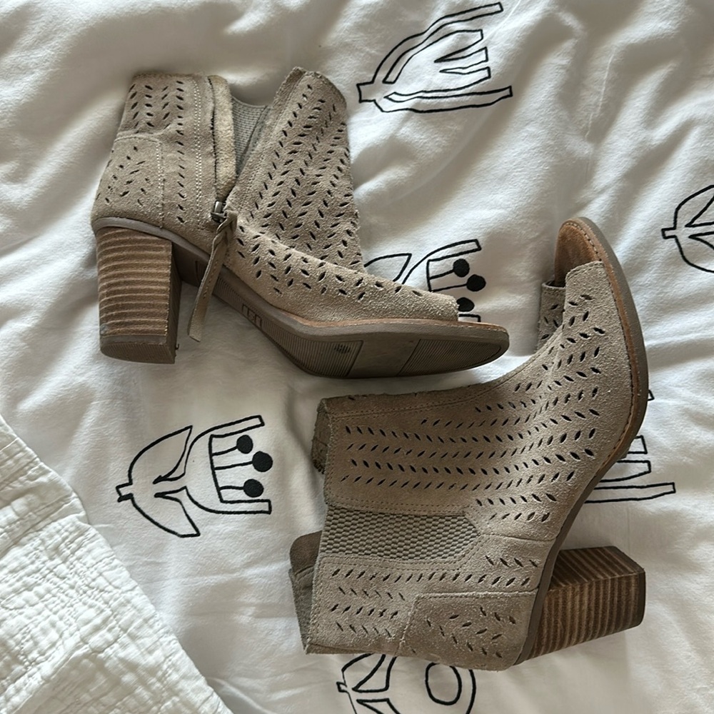 TOMS suede peep toe stacked heels